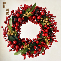 Simulation wreath decoration Christmas party pendant handmade green leaf red fruit hard steel ring large wreath opening door decoration