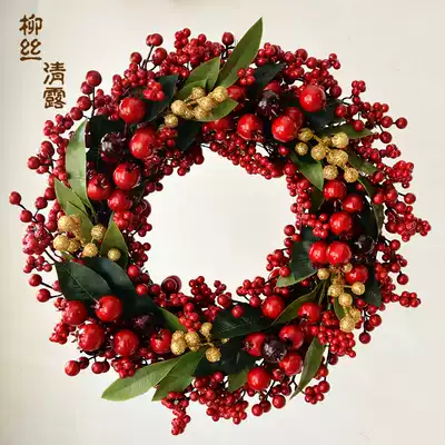 Simulation wreath decoration Christmas party pendant handmade green leaf red fruit hard steel ring large wreath opening door decoration