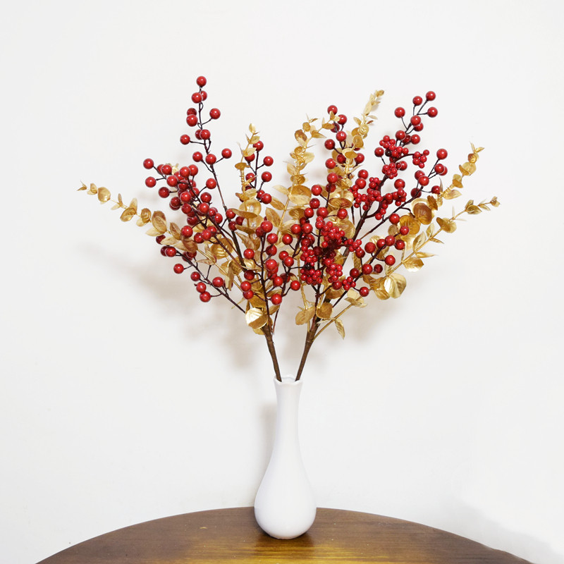New Year's Eve flower blessing bucket material fortune fruit holly simulation flower hug bucket plastic flower golden Eucalyptus New Year decoration