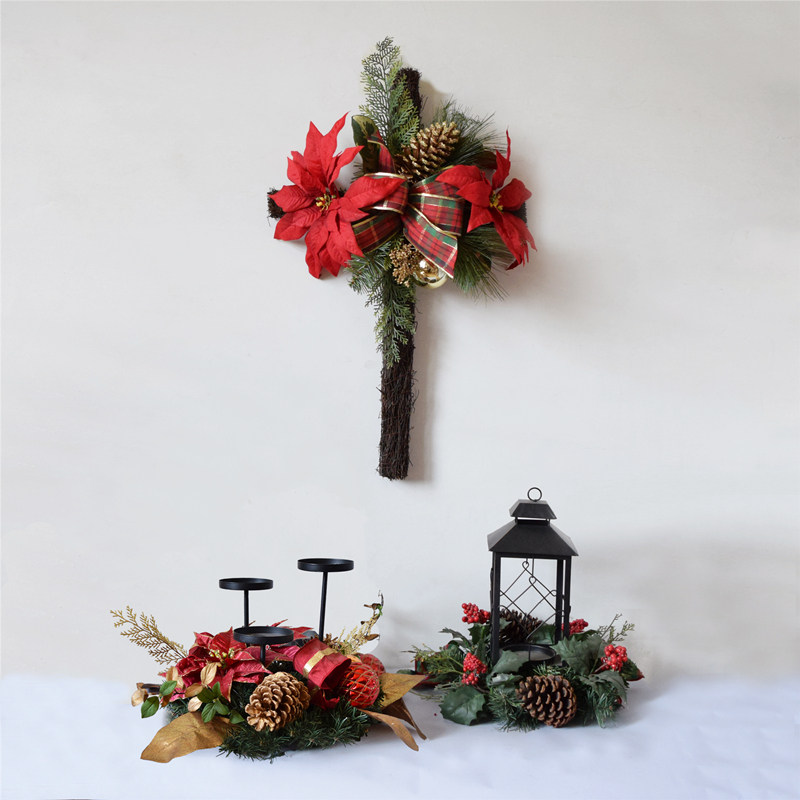 Christmas Candle Holder Pendulum Pieces Retro Iron Art Decor Red Fruits Berries Pine Tarot Satin with flocking to the Christmas Flower Cross