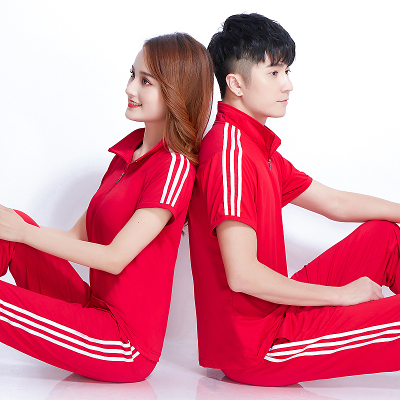 Summer New Quick-Drying Short-Sleeved Sportswear for Men and Women, Red T-Shirt Performance Outfit, Square Dance Three-Stripe Set