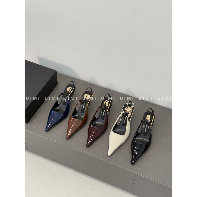 Uimi/Shining with a Dazzling Luster! 25Fw French-Style Metal Buckle Pointed-Toe Sandals with Thin Heels and Patent Leather High Heels for Women