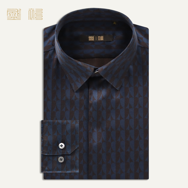 Shengshan 40mm Heavy Silk Half-Silk Striped Print Long-Sleeve Elegant Mature Men's Shirt F Shengshan 40mm Heavy Silk Half-Silk Striped Print Long-Sleeve Elegant Mature Men's Shirt F