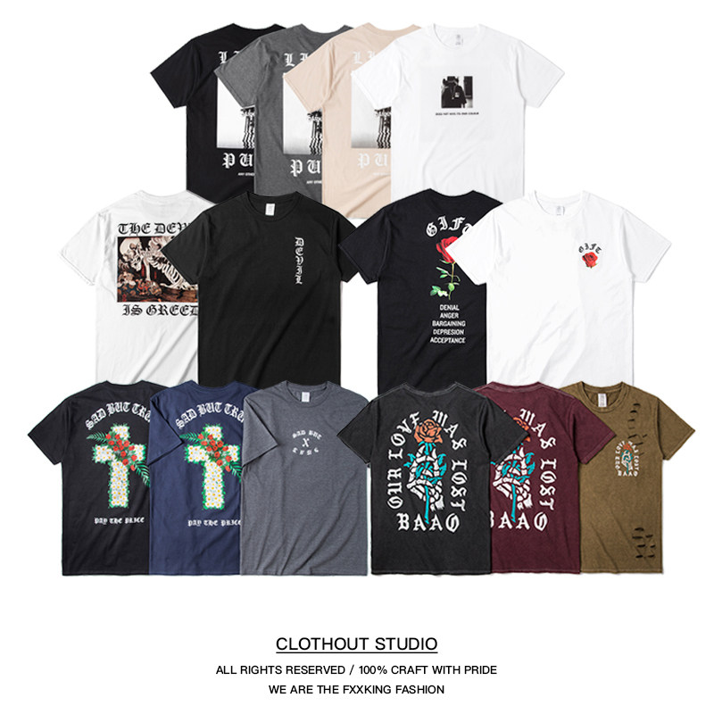 夏鬼怪幽灵克罗心哥特字体字母印花纯棉薄短袖T恤修身男青年情侣