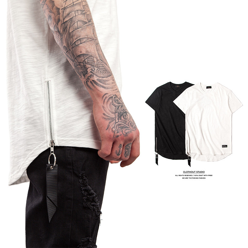 夏高街侃爷简约侧拉链飘带加长圆弧下摆竹节棉修身短袖T恤男青年