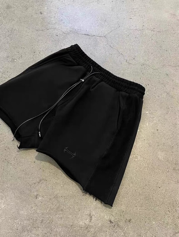 Hide in Hills Trendy Street Style Leather Cord Fringe Embroidered Straight Black Unisex American-Style Shorts