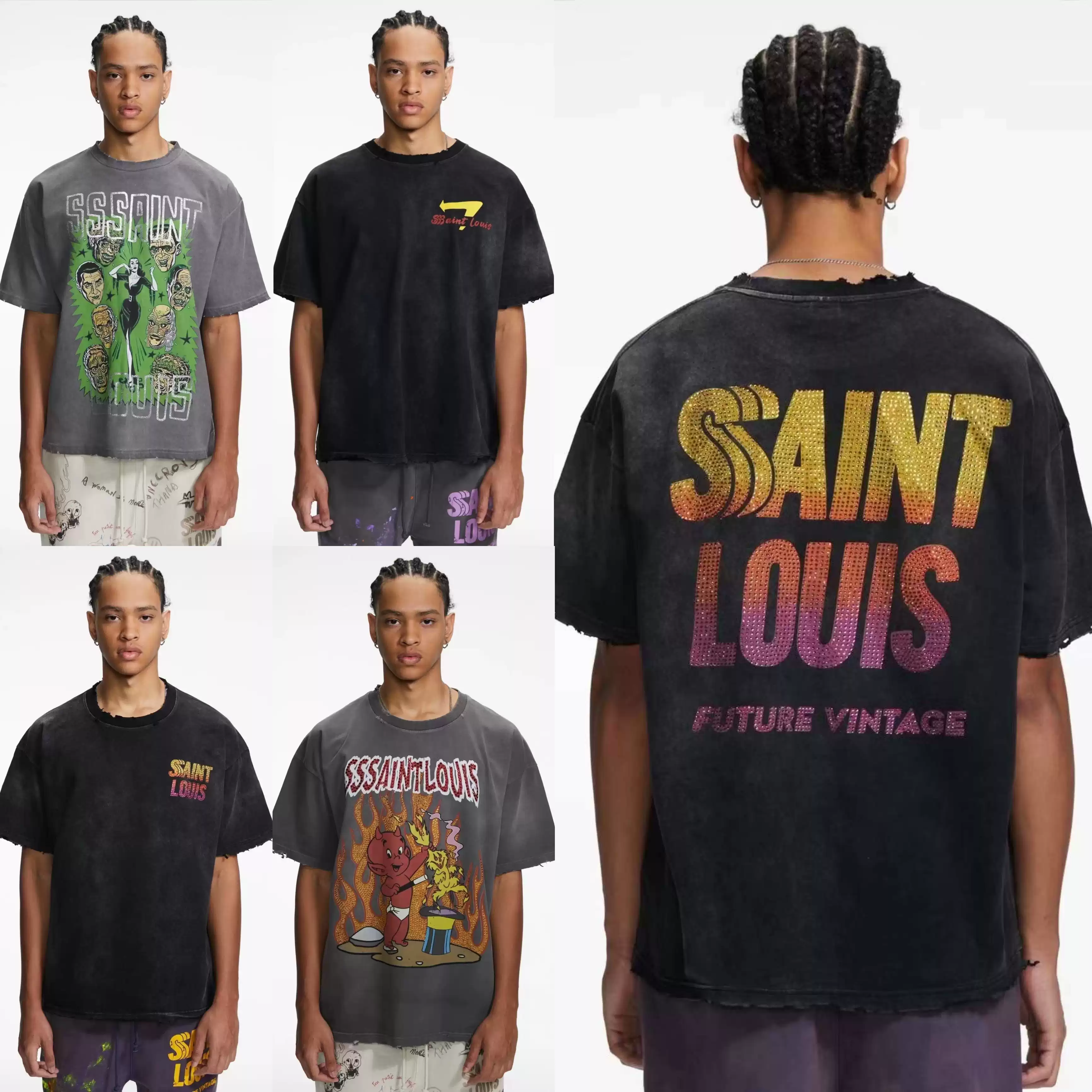 Saint Louis SSSaint 水钻做旧破坏vintage复古宽松短袖T恤tee-淘宝