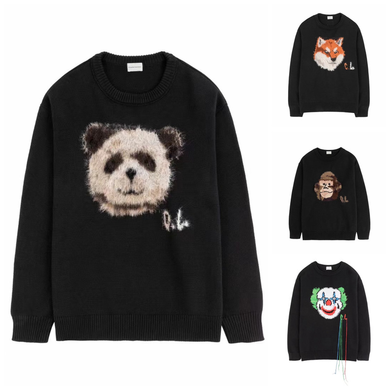 Charlie Luciano Autumn/Winter Men's Fox Panda Clown Year of the Dragon Women's Embroidered Flocked Black Sweater