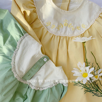 Small crowdgirls Lions dress pure cotton lace splicing embroidered retro art Wind Breeze Foam Sleeves Baby Cotton Fabric Skirt Spring