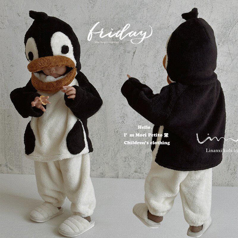 Pro-child clothing autumn and winter clothing male and female penguin pyjamas pyjamas double face suede mother-daughter dress Coral Fleece home Costume Mother Dress-Taobao