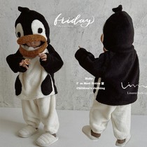 Parent-child clothing autumn and winter clothing boys and girls penguin pajamas double-sided velvet mother-child clothing brother and sister coral velvet home clothes mother-daughter clothing