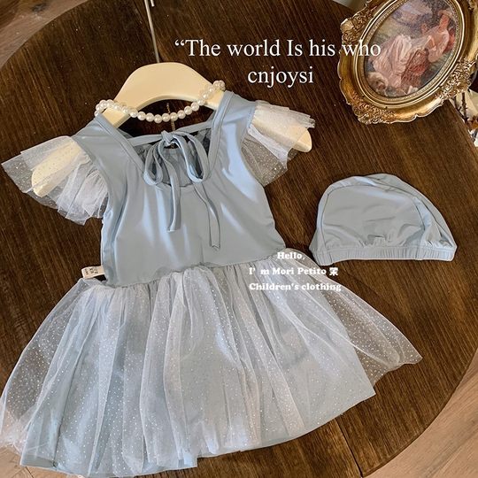 Girls Elsa blue one-piece swimsuit princess wind gauze skirt baby milk sweet cute swimsuit summer swimming cap summer dress