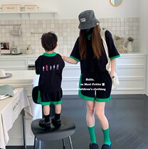 Sports suits for boys and girls contrasting colors retro mother-and-child outfits pure cotton childrens short-sleeved shorts suits parent-child outfits summer thin