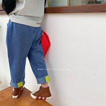 MORI Guochao Child loose curbside jeans rear footed fluorescent bump color male girl Jeans Broadlegged Pants