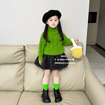 Fruit green girls turtleneck twist sweater Korean quilted quilted skirt baby winter skirt childrens suit autumn and winter