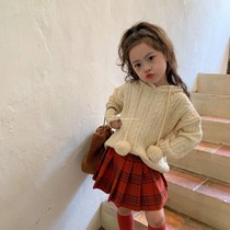 Girls Autumn Suit Hooded Ball Knitted Sweater Cape College Style Pleated Skirt 2-piece Set