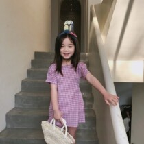 Small crowdgirls dress with dress retro style and elegant cilantro purple checkered Purple Plaid baby Liandress Summer New