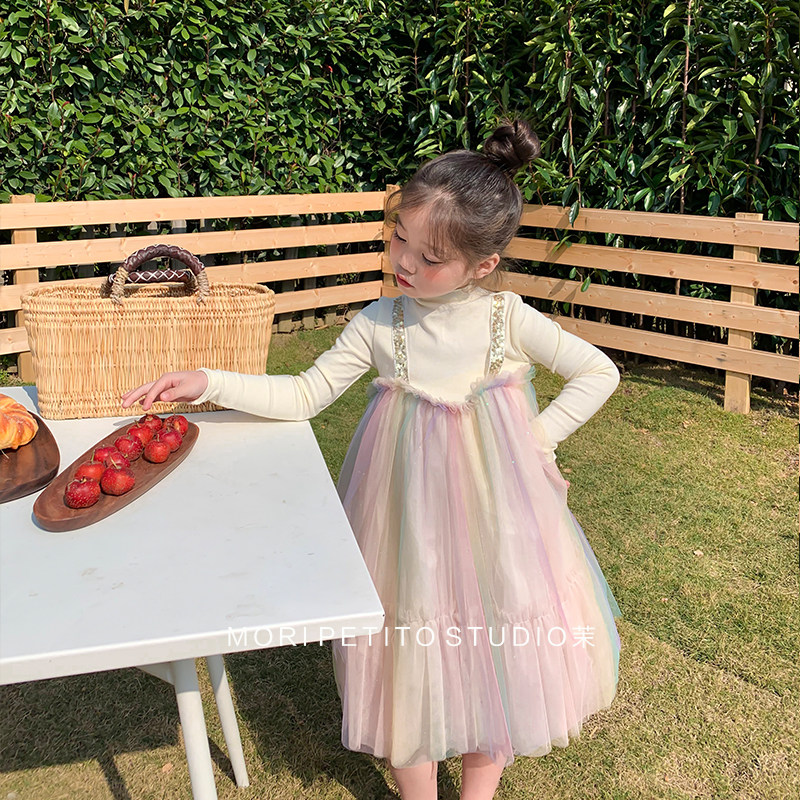 Girls rainbow gauze dress stitching fake two-piece sequined magic gauze skirt 2022 spring new princess dress