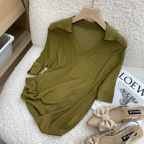 With mulberry silk chao good-looking cow oil fruit green island cotton polo shirt loose blouse v collar short sleeve T-shirt summer new