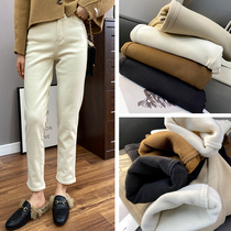 Super warm thickened new Oly cashmere Lamb hair fever warm waist slim plus velvet tapered jeans winter