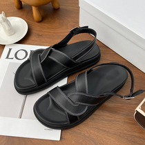 Foot Sensation Giant Comfort Original Juku 8 Words Knitted Cow Leather Black Thick Bottom Pine Pasta Toe Flat-bottomed Sandal Women Summer