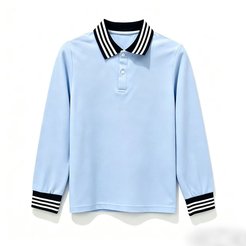 Spring and Autumn Style Pure Cotton Navy Blue Collar with Three White Stripes, Haze Blue Body, Turn-Down Collar Polo Shirt, Long-Sleeve T-Shirt, School Uniform 049 Spring and Autumn Style Pure Cotton Navy Blue Collar with Three White Stripes, Haze Blue Body, Turn-Down Collar Polo Shirt, Long-Sleeve T-Shirt, School Uniform 049