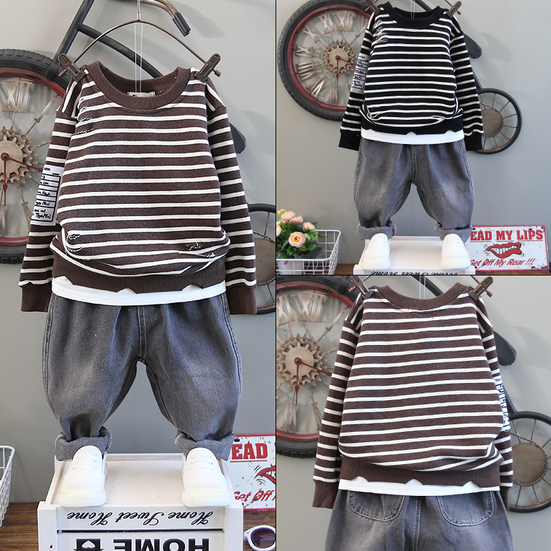 Children's clothing boys spring and autumn suit 2021 new medium and large children striped casual top Foreign school two-piece set boy handsome tide