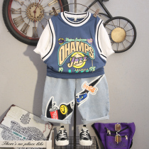 Boys summer clothes 2021 new childrens basketball short sleeve denim pants two-piece summer Foreign style suit tide