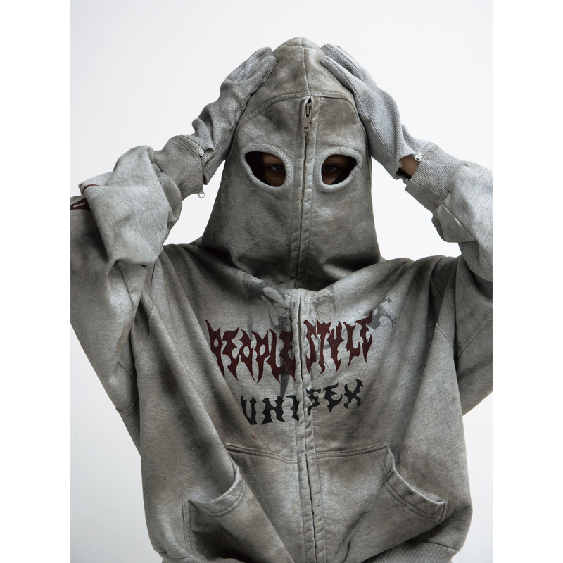 Peoplestyle Dirty-Dyed Mask Detachable Gloves Hooded Sweatshirt Retro Distressed Loose Cardigan Jacket