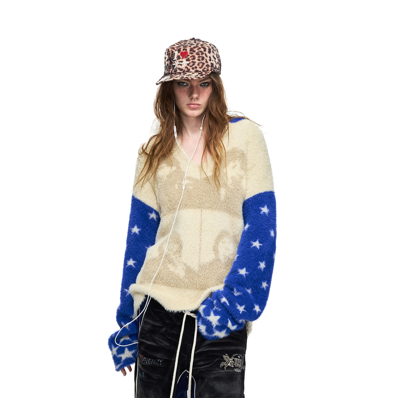 Peoplesense Star Portrait Faux Mink Fur V-Neck Pullover Sweater Blue and Yellow Contrast Jacquard Knitwear