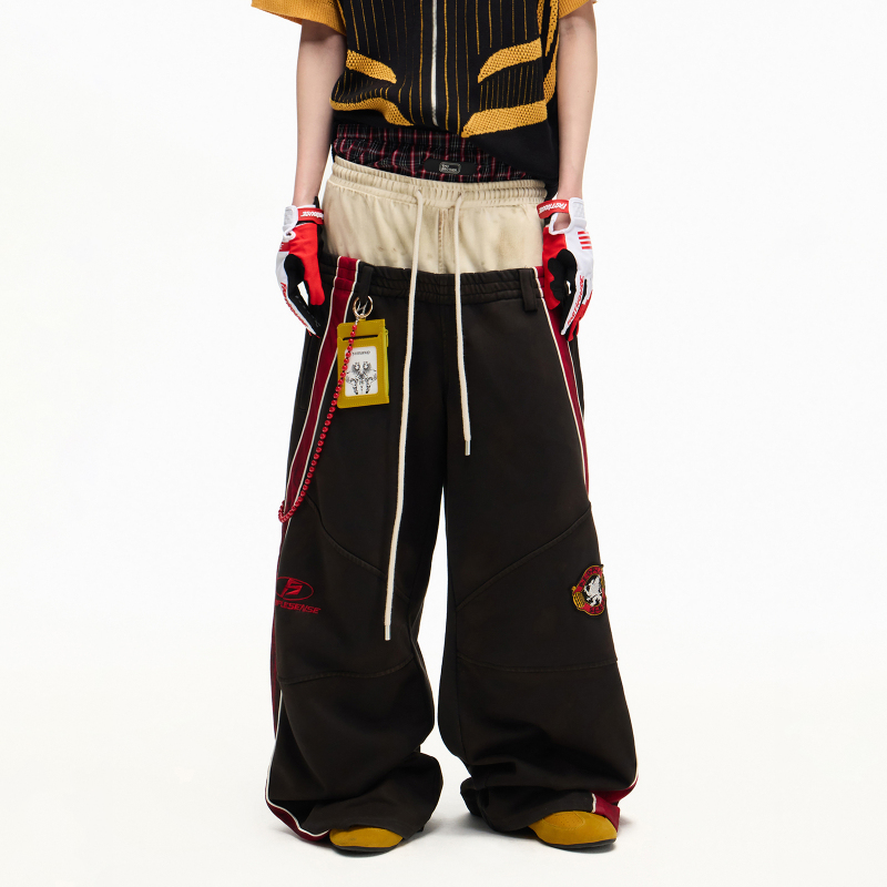 Peoplesense Racing-Themed Double Waistband Color-Block Sweatpants with Distressed Embroidery Print Wide-Leg Casual Pants