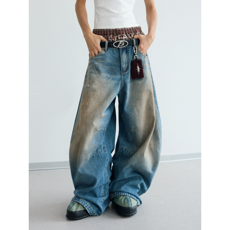 Peoplesense Yellow Mud-Dyed Distressed Curved Hem Washed Wide-Leg Jeans American Retro Vintage Loose Long Pants Peoplesense Yellow Mud-Dyed Distressed Curved Hem Washed Wide-Leg Jeans American Retro Vintage Loose Long Pants