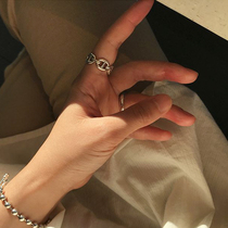 S925 Pure Silver Korea Retro Doing Old Punk Personality Street Harbor Wind Hollowed-out Oval Chain Ring Ring Not