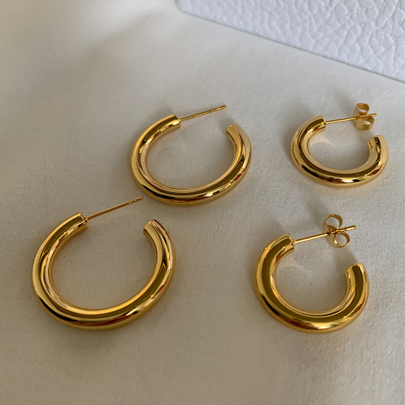 hoop French celi cold minimal wind C thick solid light surface 18K pack gold rough earrings of male and female round earrings