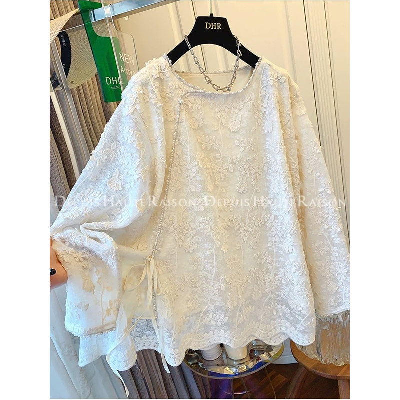 Plus Size 120kg New Chinese Style Lace Floral Long-Sleeved Shirt for Women, Spring and Autumn Loose Layered Elegant Top