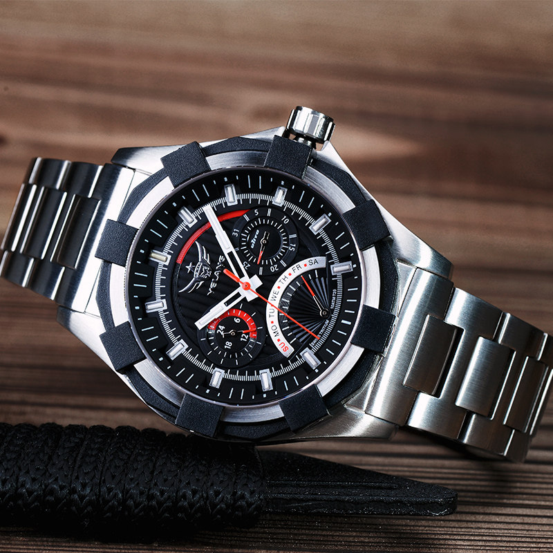 Wild Wolf Watches Men Quartz Watches Fine Steel Band Multifunction Sports Watches Waterproof Tritium Gas Luminous Leisure Week Calendar