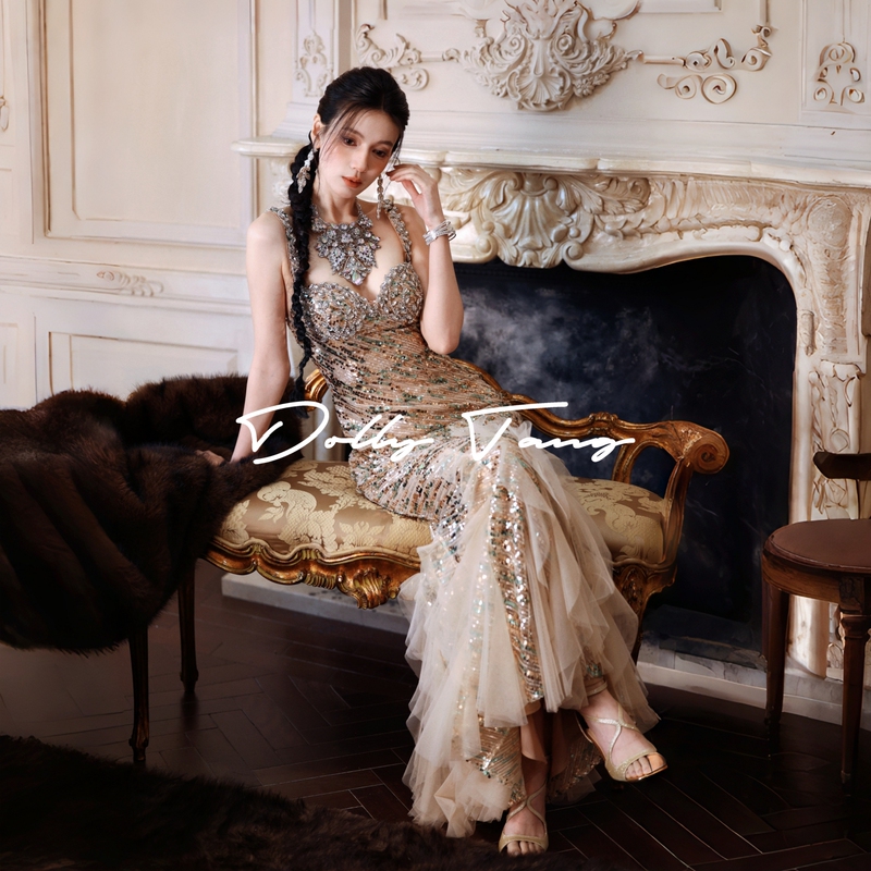 Dollytang [Emerald Gilded] Luxurious Heavy Beaded Full Diamond Dress with Sparkling Sequins Vintage Gown