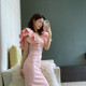 dollytang design three-dimensional ruffled dress French candy color square collar slim fit hip dress