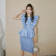 Design sense three-dimensional lotus leaf edge dress 2022 new pure desire blue flying sleeve fake two-piece waist dress