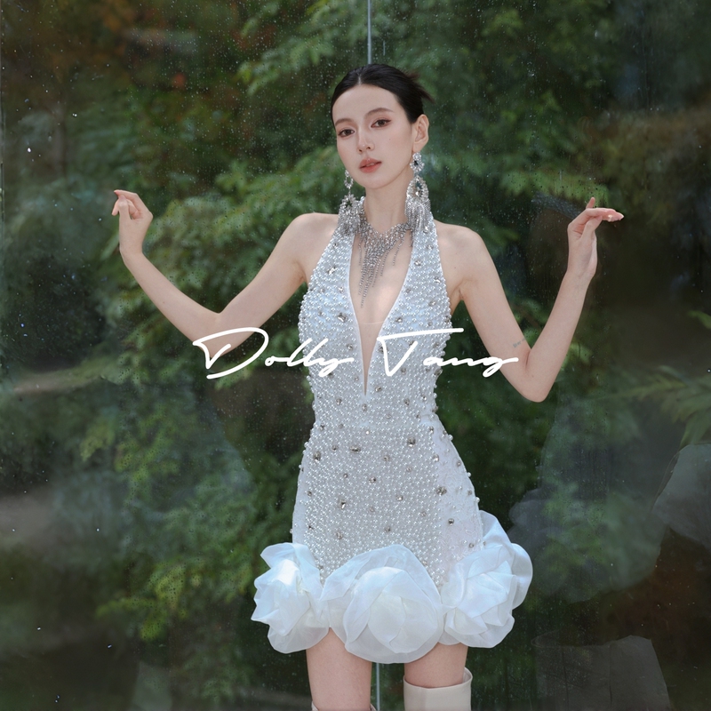 Dollytang Luxury Heavy Beaded Pearl Dress Sexy Deep V-Neck Handmade Rhinestone Petite Gown