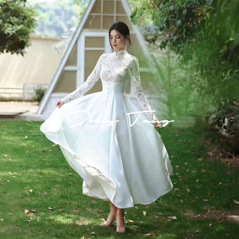 Dollytang Duojia Heavy Lace Waist-Cinching Stand-Up Collar Dress with Patchwork White Skirt, Long-Sleeved Casual Light Dress