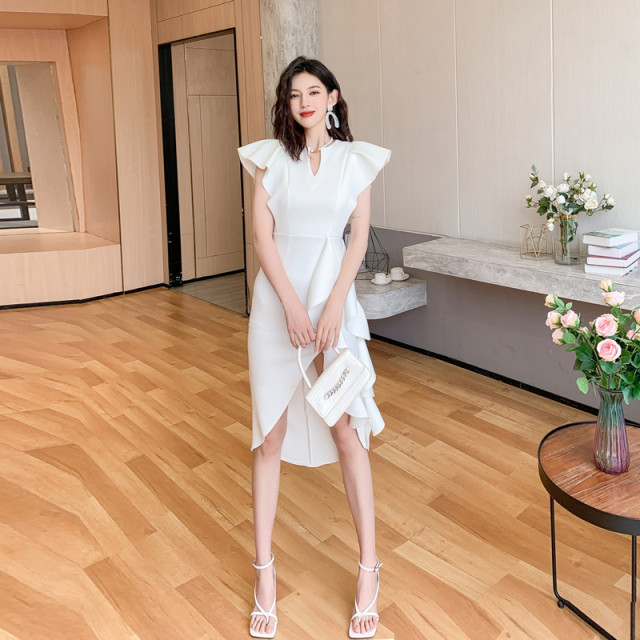 Small white French dress female design sense three-dimensional ruffle edge irregular hem slim fit hip dress