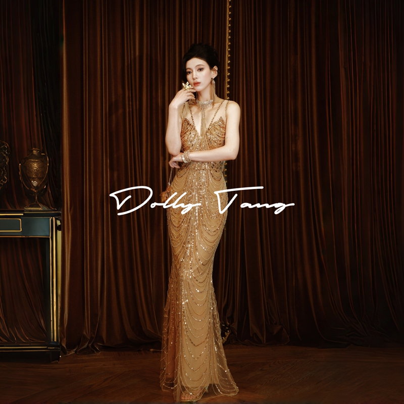 Dollytang Gatsby Series Heavy-Duty Rhinestone Tassel Dress Luxurious Sparkling Gold Light Dress