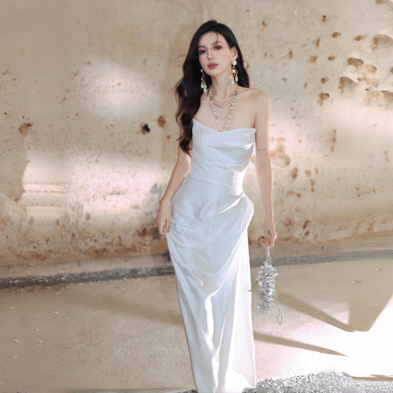 Dollytang Duo Jia Narcissus Muse One-Piece Tailored Tube Top Dress with Ruched Layers Party Mini Dress