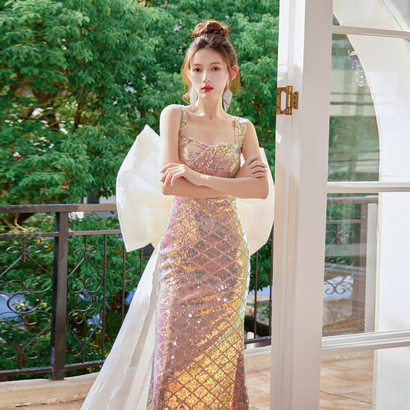 Mermaid Love Song Dollytang Oversized Bow Fishtail Dress with Sparkling Sequins Birthday Party Mini Dress