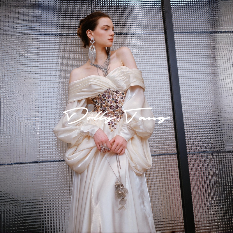 Dollytang Palace Dinner Luxurious Beaded Waistband Satin Dress with Draped Strapless Gown Dollytang Palace Dinner Luxurious Beaded Waistband Satin Dress with Draped Strapless Gown