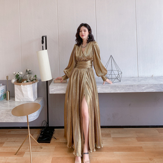 dollytang texture gilt luster dress design sense deep V neck slit large swing small dress can be worn daily