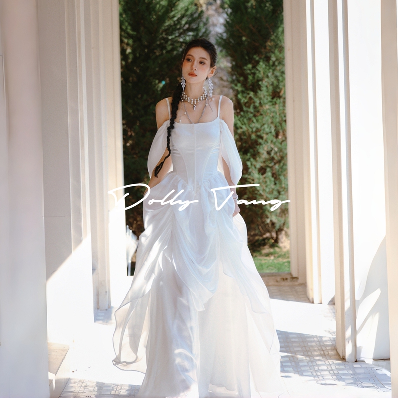 Dollytang Duojia [Gardenia] Heavy Craft Irregular Ruffle Dress Flowing Morning Gown Fishbone Dress