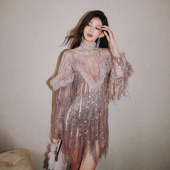 Gatsby tassel sequined dress dollytang exaggerated retro thin flash puff sleeve birthday dress small dress