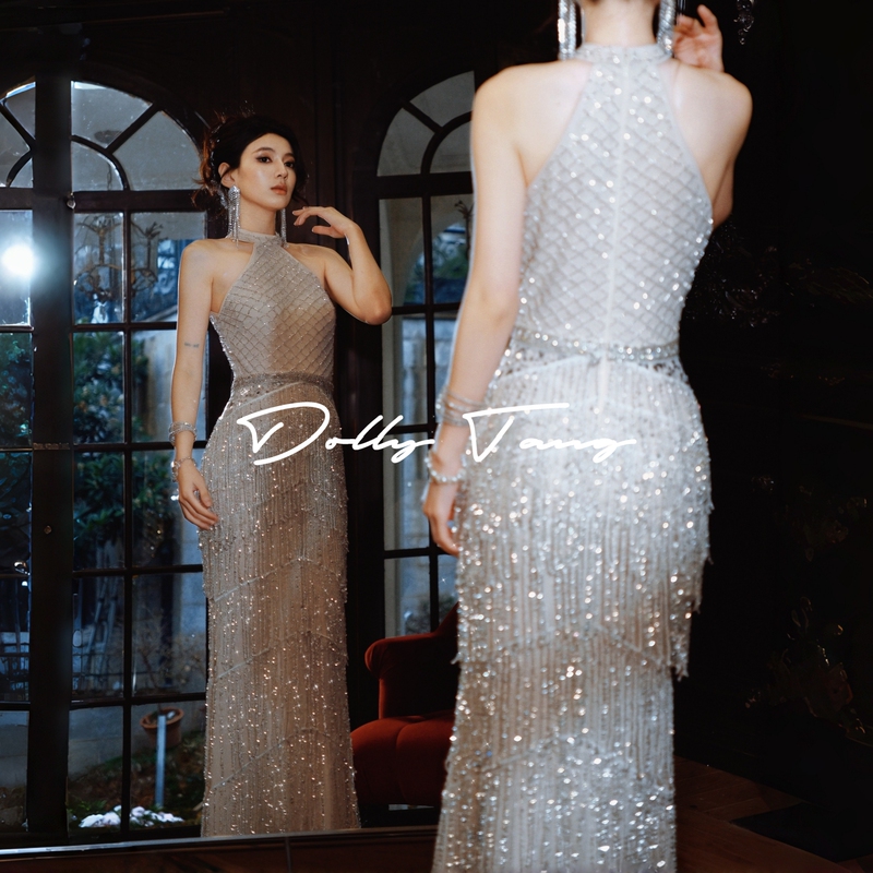Dollytang Gatsby Series Heavy-Duty Rhinestone Tassel Dress Luxurious Sparkling Dressing Gown Light Evening Gown